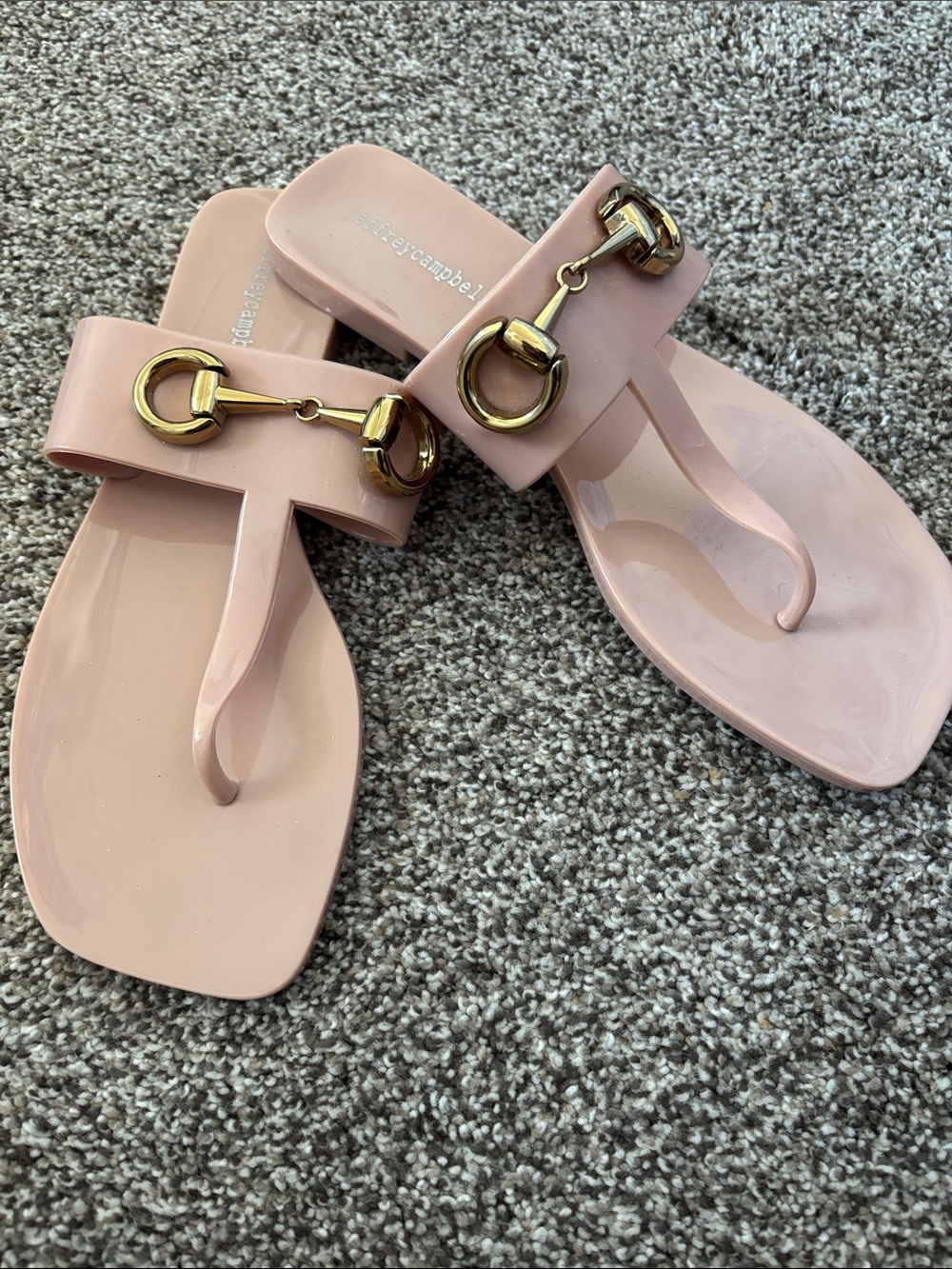 Jeffrey Campbell Tan Jelly Thong Sandals with Gold Horse Bit   Hardware